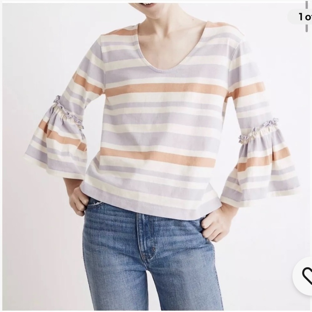 Madewell 100% Cotton Fairhaven Striped Blouse Bell Sleeve Cottagecore Boho Sz S